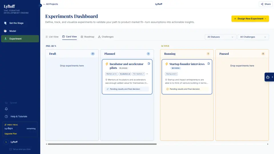 Lyftoff experiments dashboard showing a kanban board of experiments organized by status: Draft, Planned, Running, and Paused.